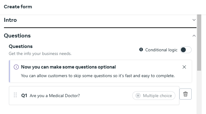 Custom question creation in Meta Forms